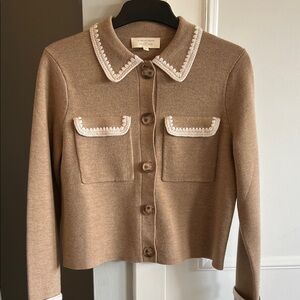 Sezane Camel Cardigan with White Detailing